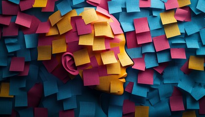 An image of a head silhouette filled with colorful sticky notes, symbolizing the organization of thoughts and ideas for streamlined workflow efficiency, highly detailed, 8K render
