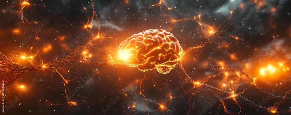 Poster a glowing brain connected by intricate neurons, symbolizing the neural networks that drive cognitive