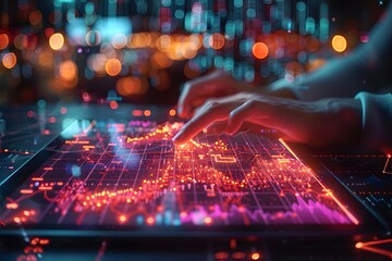 A man typing on a fiber optics background with lots of light spots , 