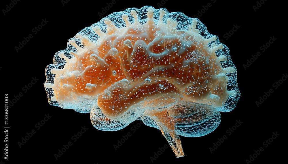 Poster a hyperrealistic image of a brain with interconnected neurons, representing neural networks and the 