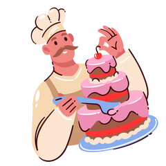 Happy cartoon chef making chocolate cake with pink cream. Funny confectioner with mustache holding cherry to decorate cake. Confectionery mascot, food preparation process cartoon vector illustration