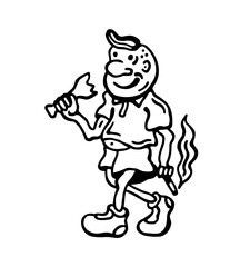 Black and white vector illustration of a young hooligan with a broken bottle and a cigarette in his hand on a white isolated background