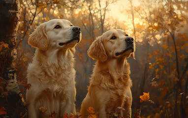 Golden Retrievers in Magic Hour Lighting Warm and Enchanting Scene