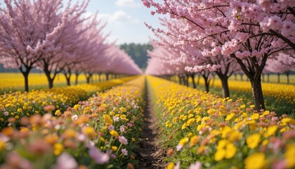 Obraz premium Blossoming cherry trees flower field nature scene springtime eye-level serenity