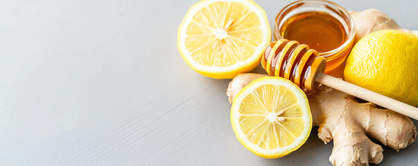 Fresh lemon slices, honey, and ginger root create vibrant detox drink for nutrition and wellness