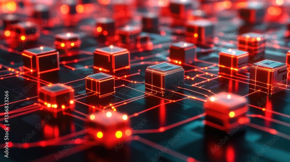 Poster digital circuit-inspired computer logo with interconnected glowing nodes.