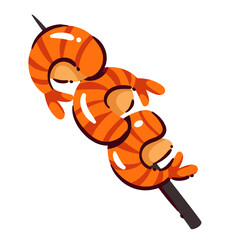 Grilled shrimp on skewer. Grill prawns on stick for. Asian food, BBQ street market menu mascot, cooked marinated seafood for appetizer cartoon vector illustration