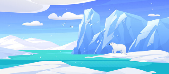 Arctic landscape with polar bear, icebergs, snow, water, and birds in vector cartoon style illustration on bright sunny day. Frozen polar scenery  in chilly northern waters with drifting ice fragments