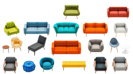 Colorful sofas and armchairs collection on transparent background