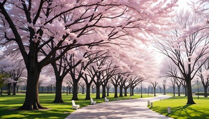 Cherry Blossom Park with Pathway and Pink Flowers