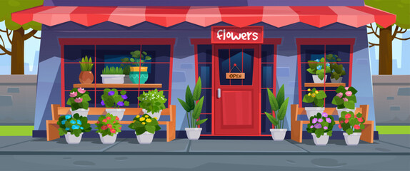 Cartoon style vector illustration of a flower shop front. Vector storefront facade illustration with flowers in pots and open sign at day time. Flat style flower boutique or store concept for banner.