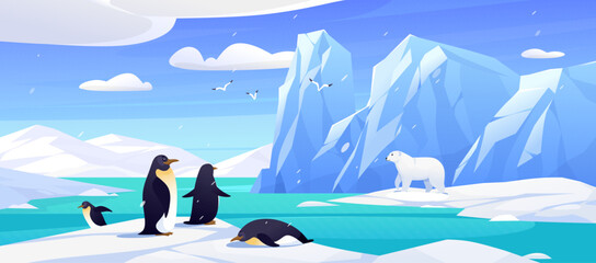 Cartoon frozen polar scenery with massive ice formations with penguins, polar bear, icebergs and snow. Vector illustration for global warming concept. Melting glaciers against Antarctic rocks. 