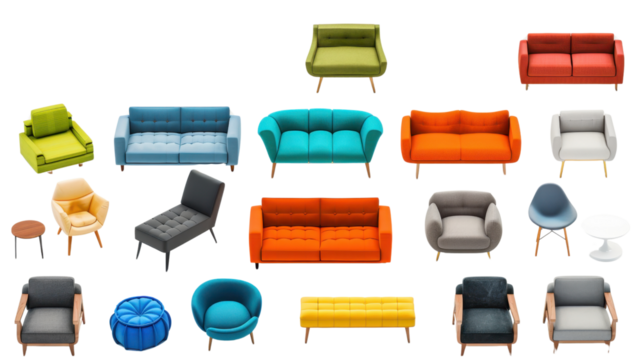 Colorful sofas and armchairs collection on transparent background