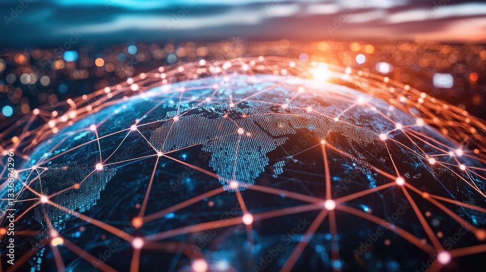 Poster digital globe with interconnected lines, symbolizing a global communication network.