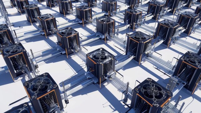 Aerial view of a quantum supercomputing facility, fractal processing units linked by fiber optic networks blur.
