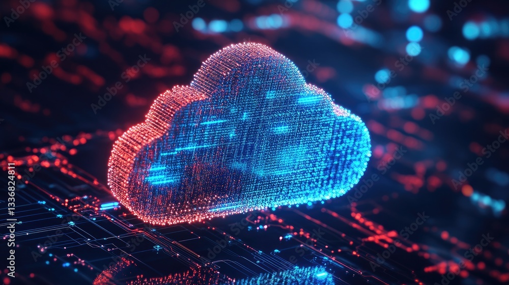 Poster digital it ecosystem with cloud computing, ai, and global networks.