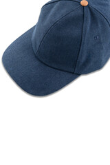 Blue textile baseball cap with brown button, top view, on white background