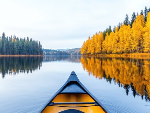 Serene autumn canoeing on a tranquil lake surrounded by vibrant foliage