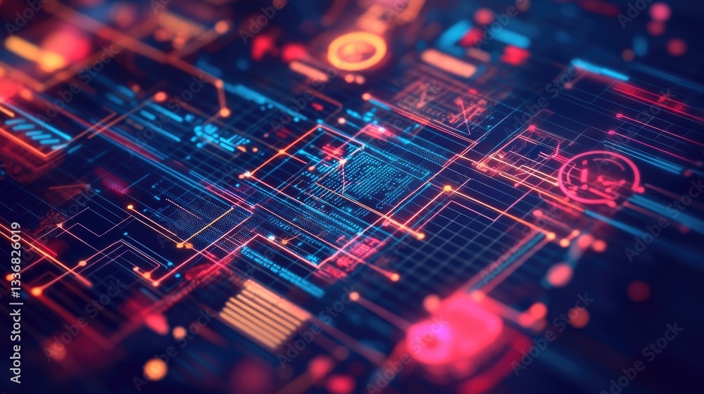 Poster digital transformation analytics with futuristic information grids and high-tech ui elements.