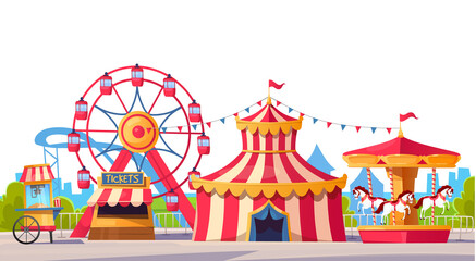Colorful cartoon amusement park vector illustration with a ferris wheel, circus tent, carousel, and food stand on a sunny day. Colorful funfair with a ticket kiosk in a lively summer city landscape