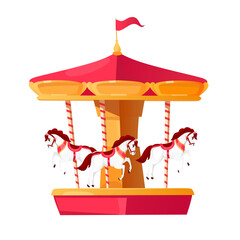 Colorful carousel vector illustration with white cheerful horses in motion, perfect for children's parties and festive events. Flat style amusement park attraction icon isolated on white background