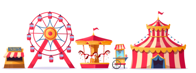 Colorful amusement park attractions featuring a ferris wheel, carousel, and circus tent isolated on white background. Vector illustration cartoon style elements for festive celebrations and family fun