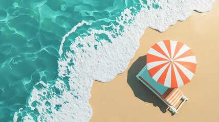 Vibrant isometric 3D illustration of a summer beach scene with a striped umbrella, sunbed, and ocean waves. A cheerful, stylized concept for vacation, travel, and holidays.

