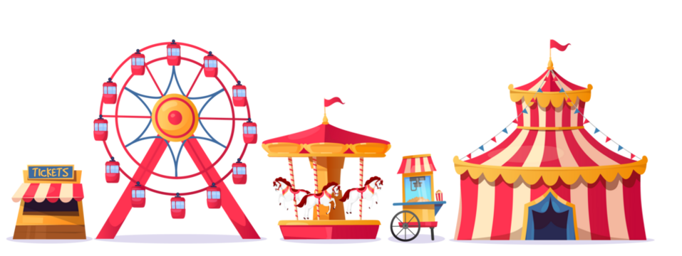 Colorful amusement park attractions featuring a ferris wheel, carousel, and circus tent isolated on white background. Vector illustration cartoon style elements for festive celebrations and family fun