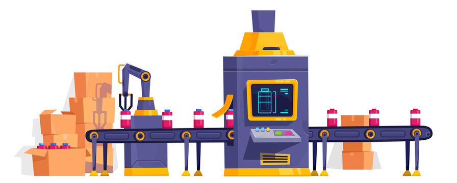 Industrial factory production line with robotic automation and packaging machinery for efficient manufacturing processes in modern industries. Cartoon vector illustration. AI factory concept
