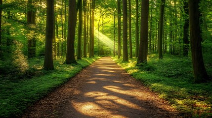 Fototapeta premium A peaceful forest path winding through a dense woodland, with sunlight streaming through the trees
