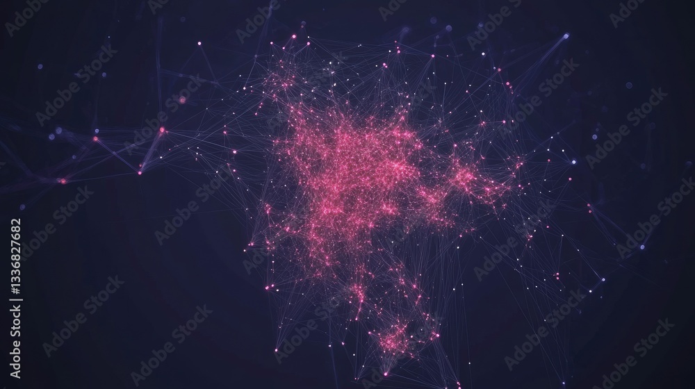 Poster dynamic futuristic infographic with interconnected lines, glowing nodes, and algorithmic data flow.