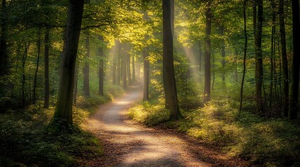 Obraz premium A peaceful forest path winding through a dense woodland, with sunlight streaming through the trees