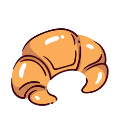 Croissant bake puff pastry. French dessert bun. Bakery shop sticker, cartoon vector illustration of croissant.