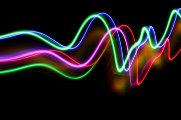 A long exposure photograph of colourful lights in swirl patterns of motion against a black background