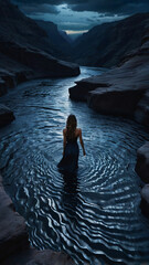 A woman in a dark dress stands in a river, creating ripples around her. She's facing into a canyon under a stormy, dark sky. 