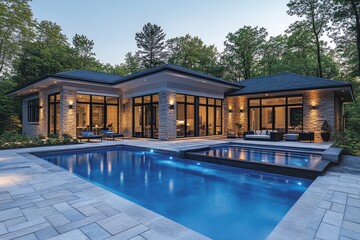 Luxury outdoor pool and patio area with blue lighting, high-end landscaping, and a brick house with large windows and white trim at night.