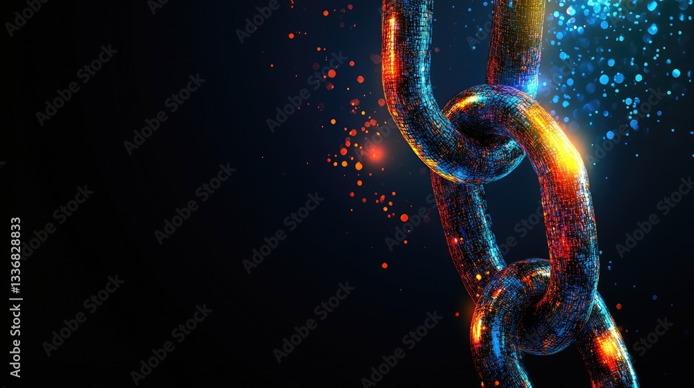 Aufkleber floating chain link icon with a high-tech holographic effect on a dark cyber background.