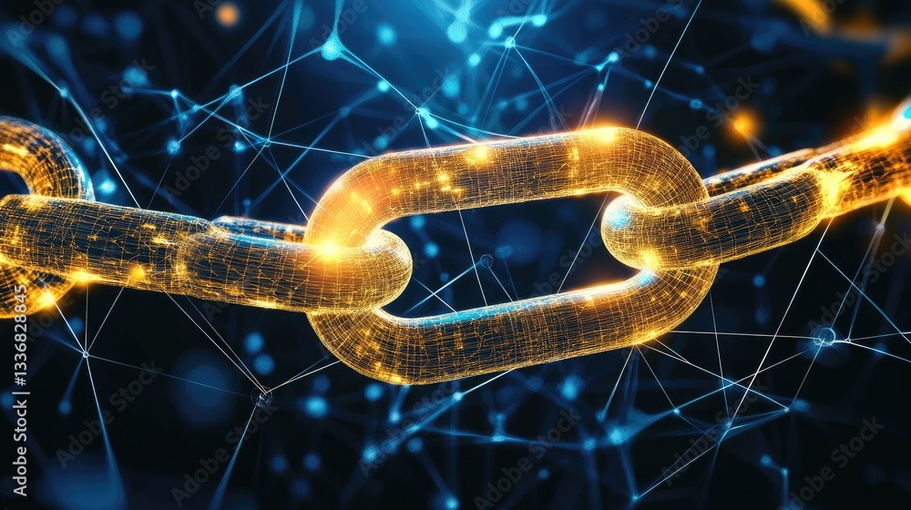 Poster floating chain link icon surrounded by interconnected lines, symbolizing a global network.