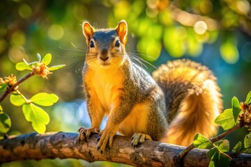 Fototapeta premium Eastern Fox Squirrel perched, rule of thirds framing, showcasing wildlife's beauty in natural habitat.