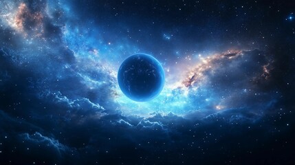 A blue and white space with a large planet in the middle. The planet is surrounded by a cloud of stars and the sky is filled with stars
