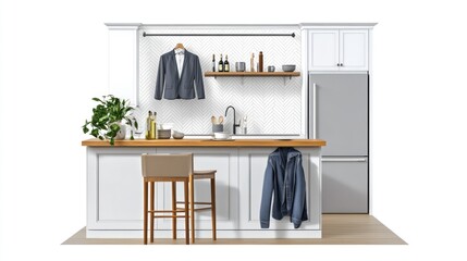 Fototapeta premium Modern Kitchen Design: White Cabinets, Wooden Countertop, and Stylish Accents