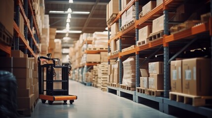 Naklejka premium Packed shelves and equipment standing in a large warehouse or depot