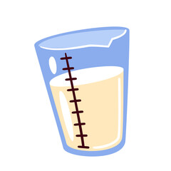 Measuring cup with scales and milk. Glass or plastic container to measure dosage, volume of liquid or bulk food ingredients. Bakery tool mascot, cup cartoon vector illustration