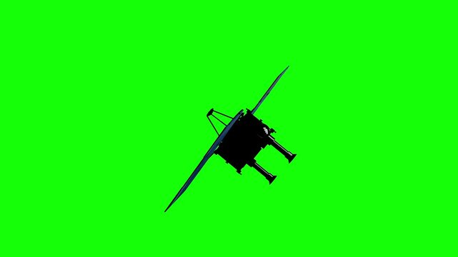 A 3d model of space satellite, futuristic sputnik model animation render floating and spinning, isolated on chroma key green screen background.