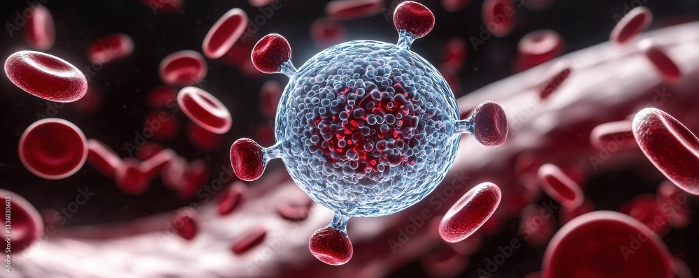 Poster microbial structure surrounded by red blood cells in a microscopic view.