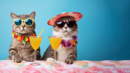 photo of cute cats wearing glasses drinking cocktail from the same glass.