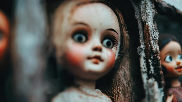 This captivating photo showcases vintage dolls captured in a weathered window, exuding nostalgic charm. The dolls' expressions evoke memories of childhood innocence.