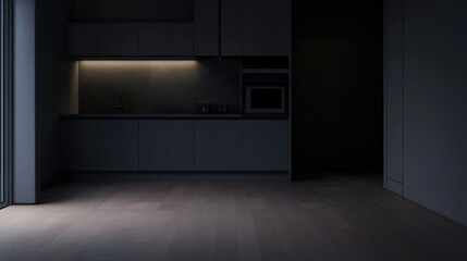 Fototapeta premium Modern Dark Kitchen Interior Design: Minimalist Elegance in a Dimly Lit Space