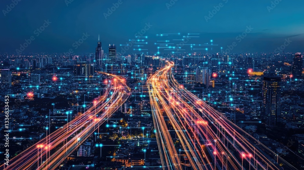 Poster high-speed wireless connectivity symbolized by futuristic waveforms and signals.