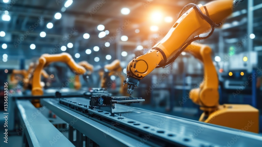 Poster high-tech automated production line with robotic arms assembling components in a factory.